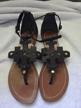 Tory Burch Black Leather Logo T-Strap Sandals with Brown Footbed